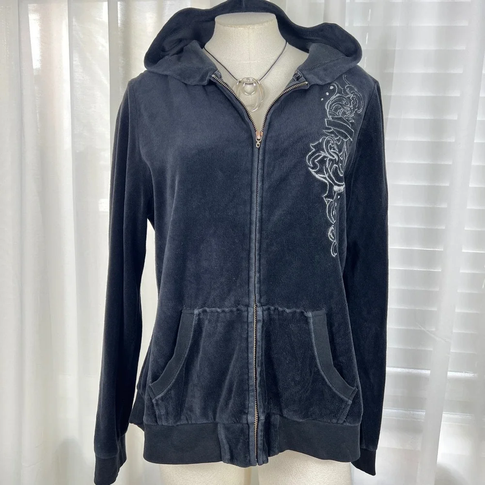 VTG Harley Davidson women XL Velour bling Zip up Hoodie Embroidered Y2K‎ grunge